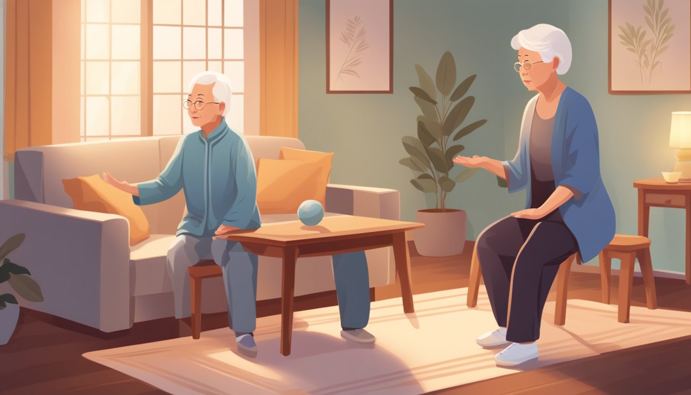 An elderly person practices Tai Chi in their living room, surrounded by comfortable furniture and soft lighting. A caregiver watches nearby, offering gentle guidance and support