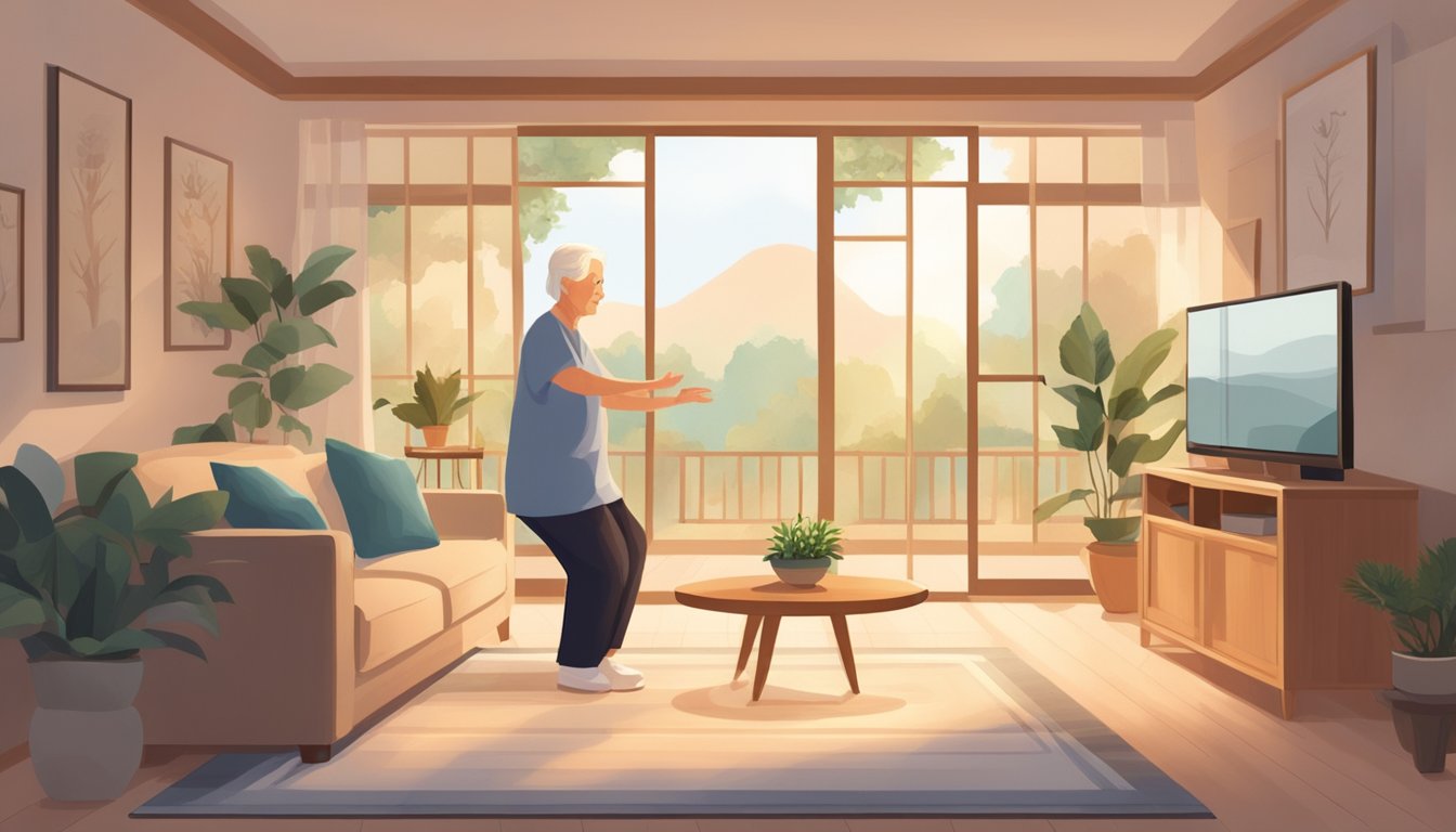 A serene living room with an elderly person practicing Tai Chi with a caregiver. Soft lighting and peaceful decor create a calming atmosphere