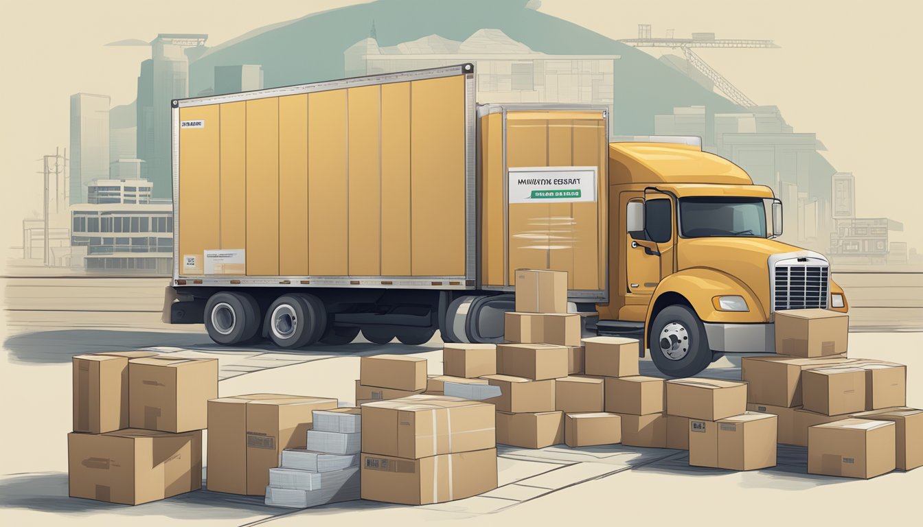 A stack of labeled moving boxes, a roll of packing tape, a moving truck loaded with furniture, and a map of the interstate route