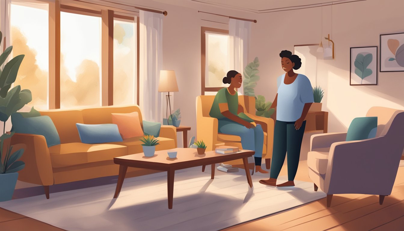 A cozy living room with comfortable furniture, soft lighting, and a peaceful atmosphere. A caregiver is taking a break while a respite care provider engages with the care recipient