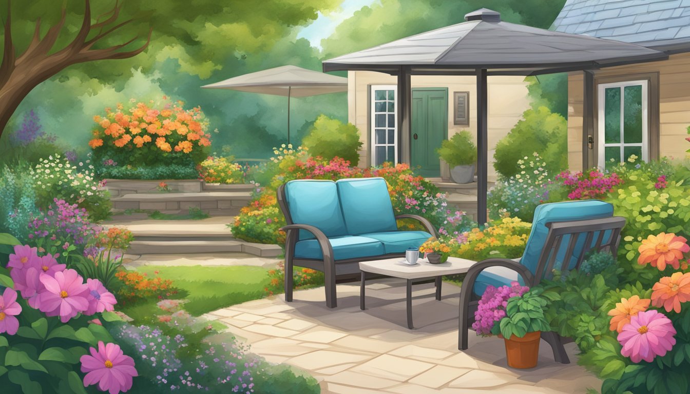 A peaceful garden with a cozy seating area, surrounded by lush greenery and colorful flowers, providing a tranquil and rejuvenating space for family caregivers to take a break