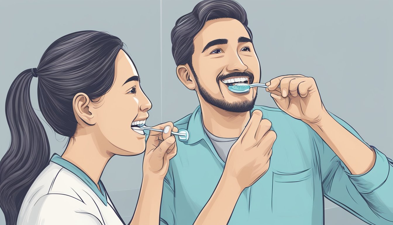 A caregiver helping a person brush their teeth, while also demonstrating proper flossing and mouthwash use