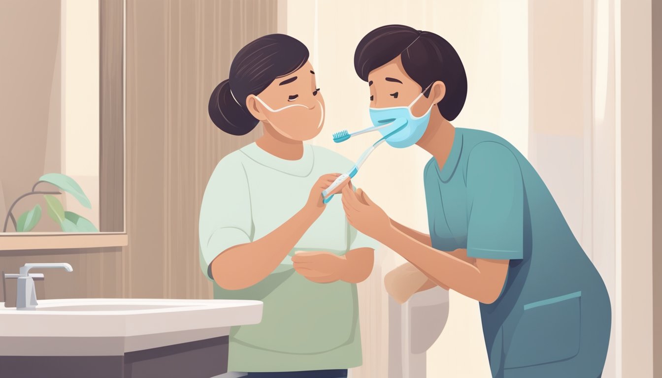 A caregiver gently brushing the teeth of a person with special needs, using a soft-bristled toothbrush and providing gentle support