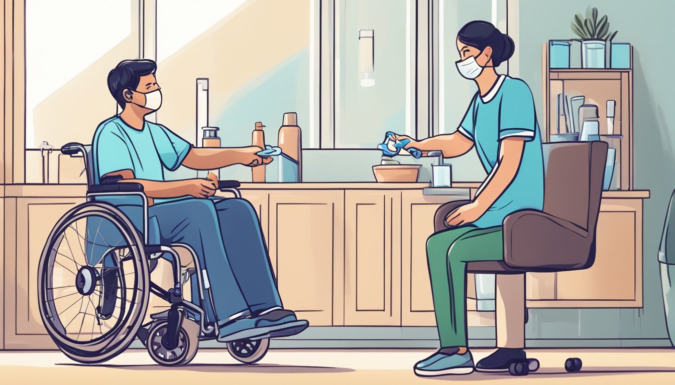 A caregiver holding a toothbrush and toothpaste, demonstrating proper dental care to a person sitting in a wheelchair