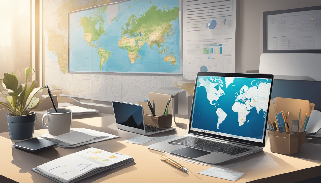 A desk with a laptop, notebook, and pen. A map of the United States is on the wall, with different internet provider logos and information displayed