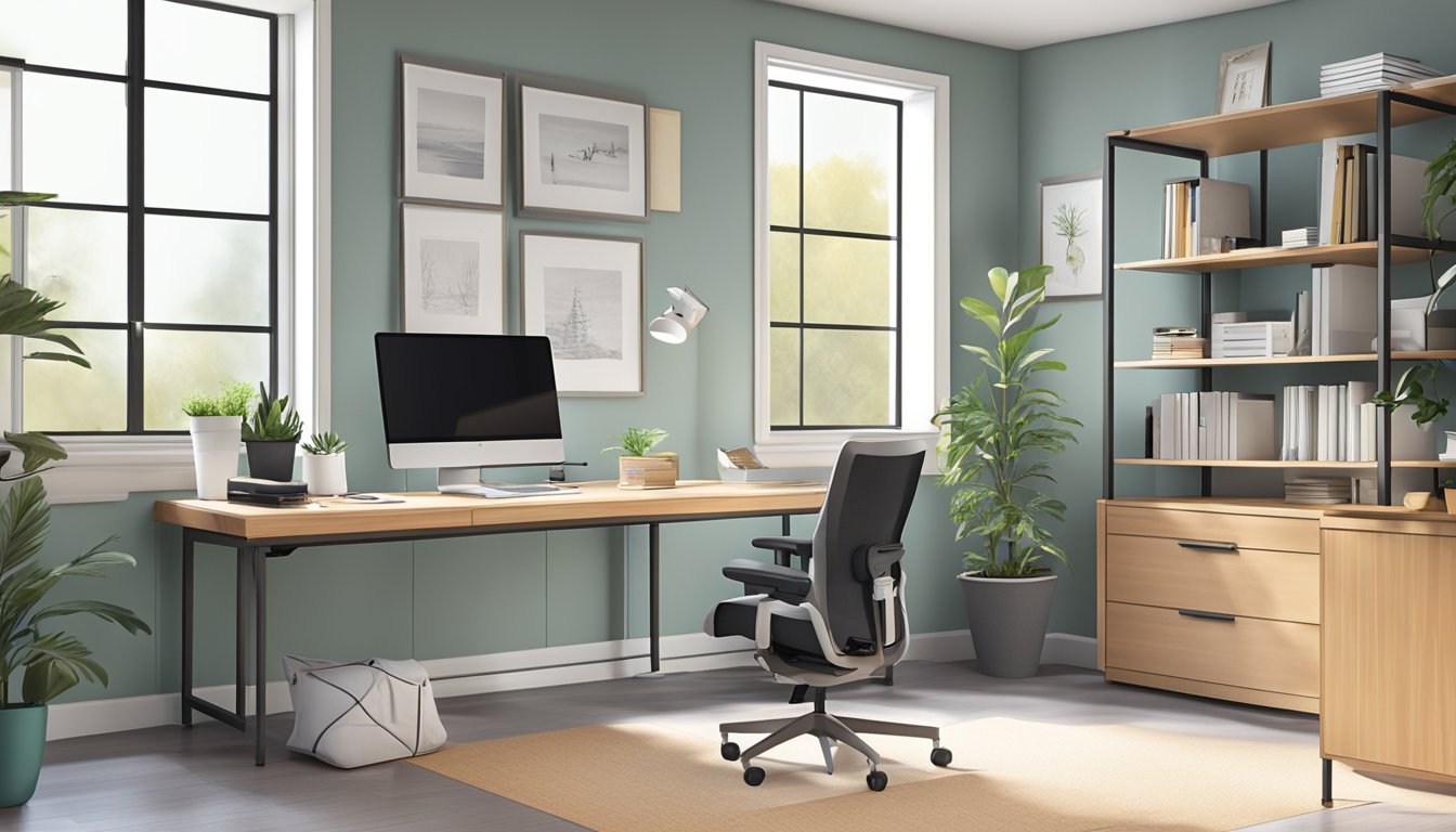 A well-lit, clutter-free home office with ergonomic furniture, non-slip flooring, and grab bars for accessibility