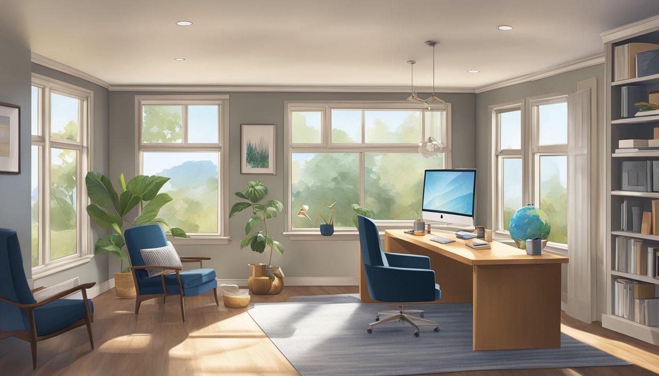 A well-lit home office with ample natural light, supplemented by adjustable task lighting. Comfortable seating and easy access to necessary supplies and equipment