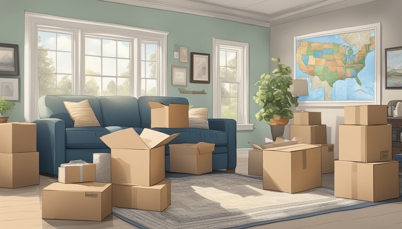 A family home with packed boxes, a moving truck, and a map of the United States on the wall