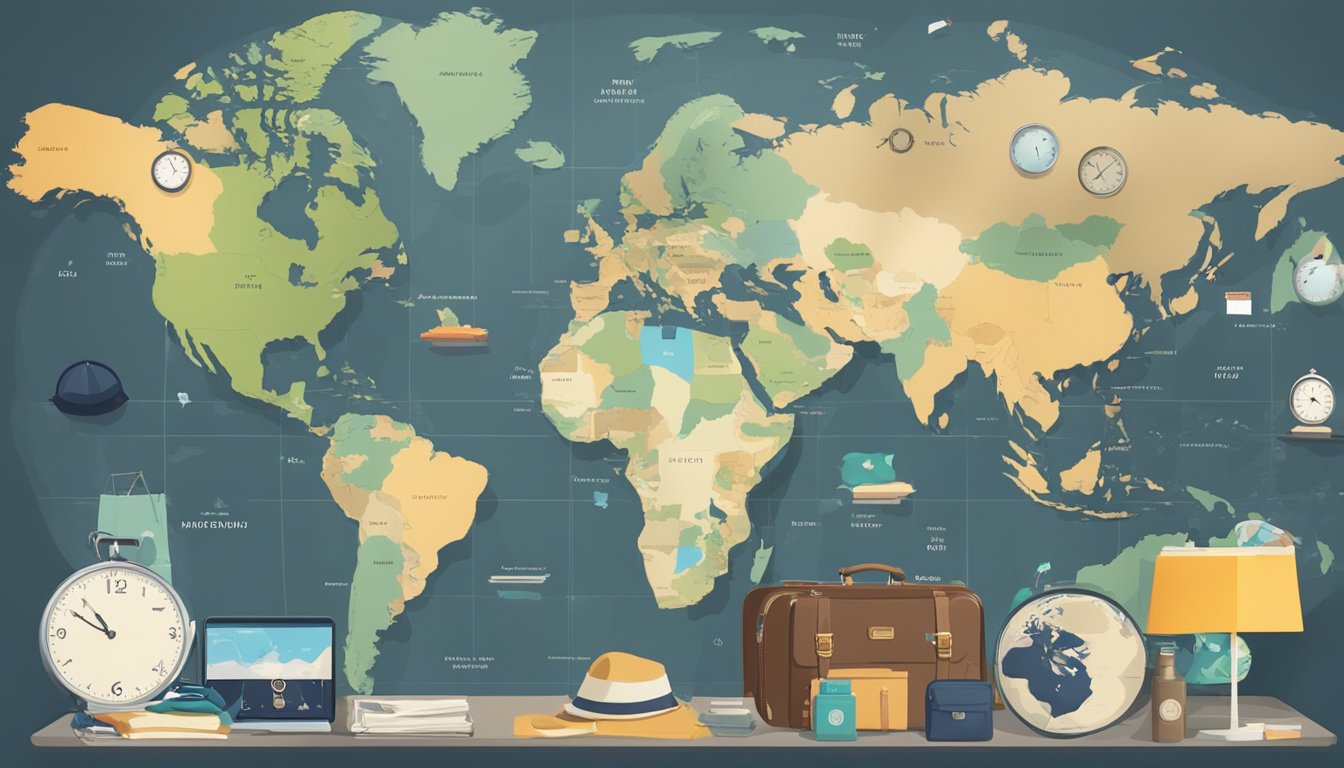 A world map with multiple time zones highlighted, a calendar with dates circled, and a suitcase packed with clothes and travel essentials