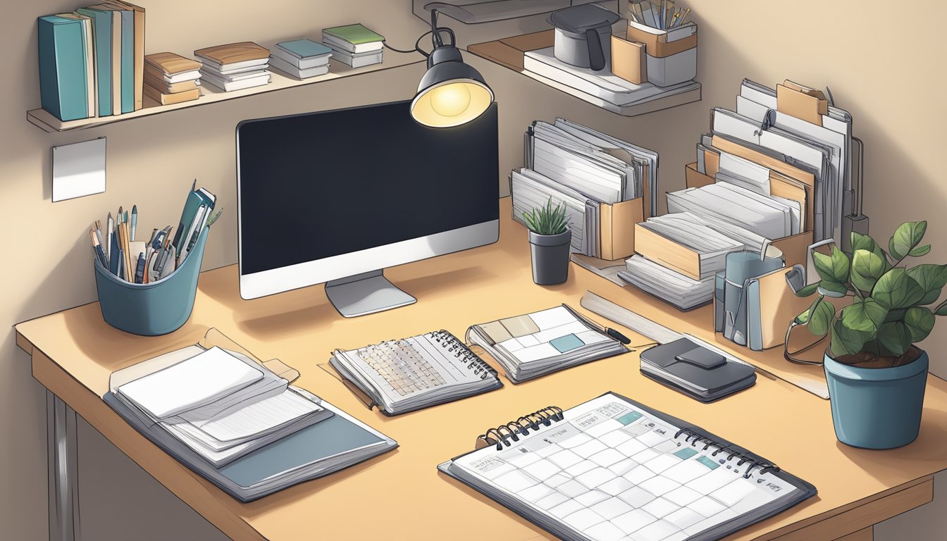 A clutter-free desk with labeled folders, a large-print calendar, and adjustable task lighting in a cozy, well-organized home office or hobby space