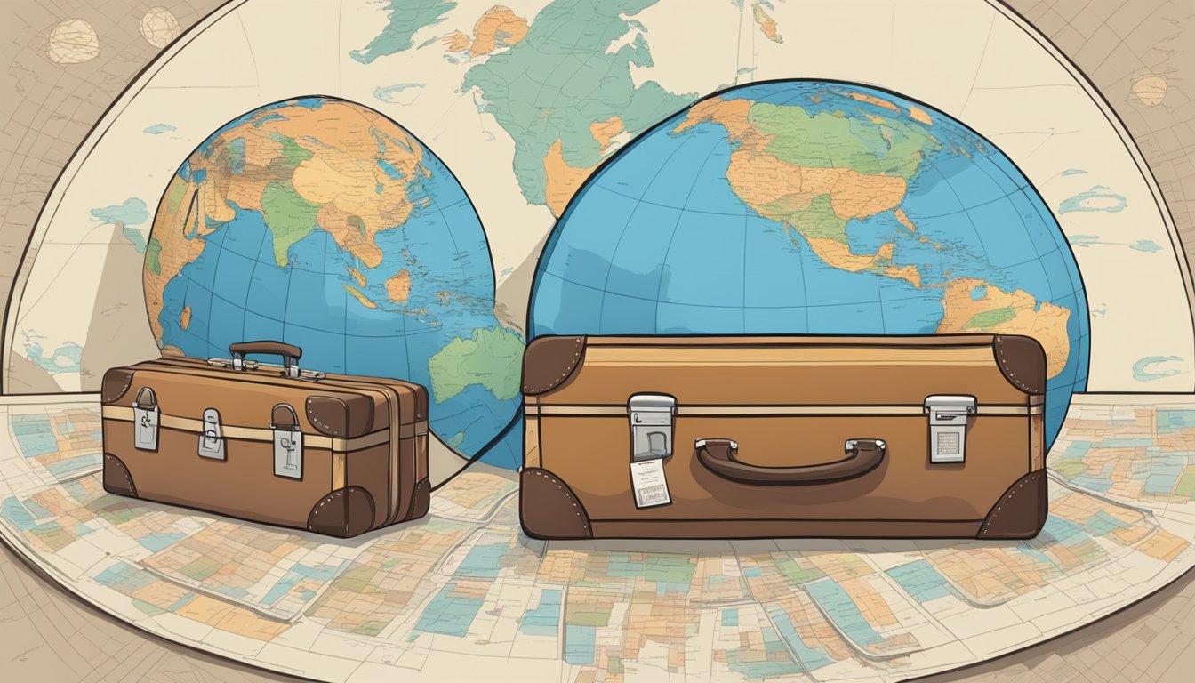 A globe with multiple time zones, a suitcase, and a map of a new state