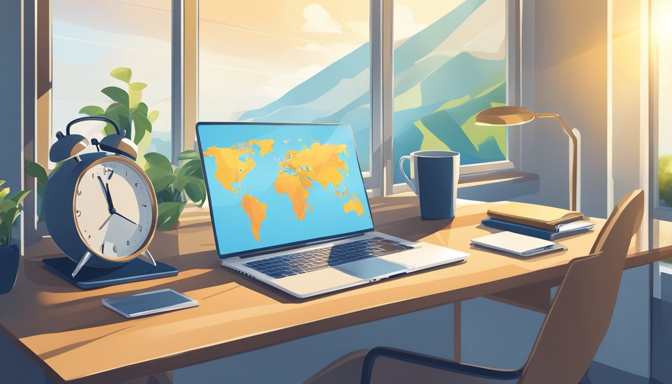 A desk with a laptop, coffee mug, and world map. Sunlight streams through a window, casting shadows on the wall. Clocks display different time zones