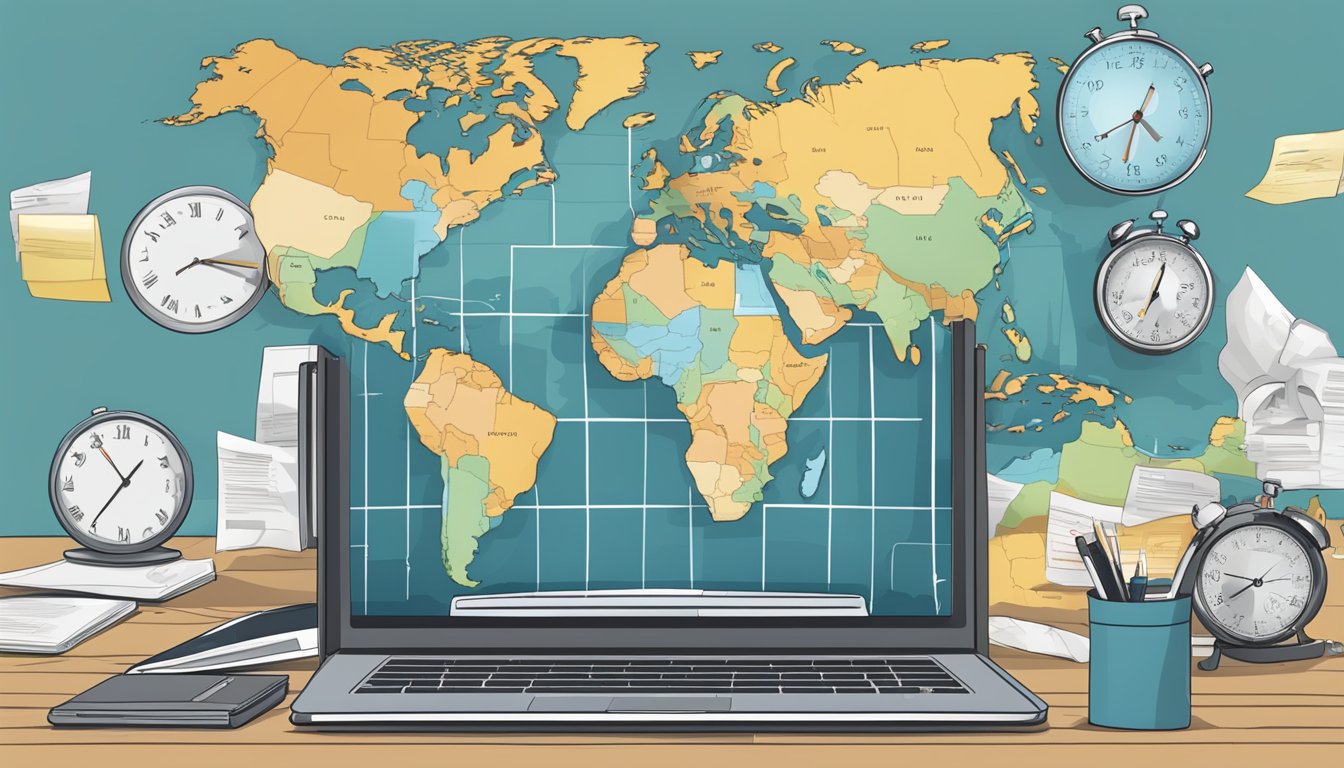 A globe with multiple time zone clocks, a laptop, and a map of a new state