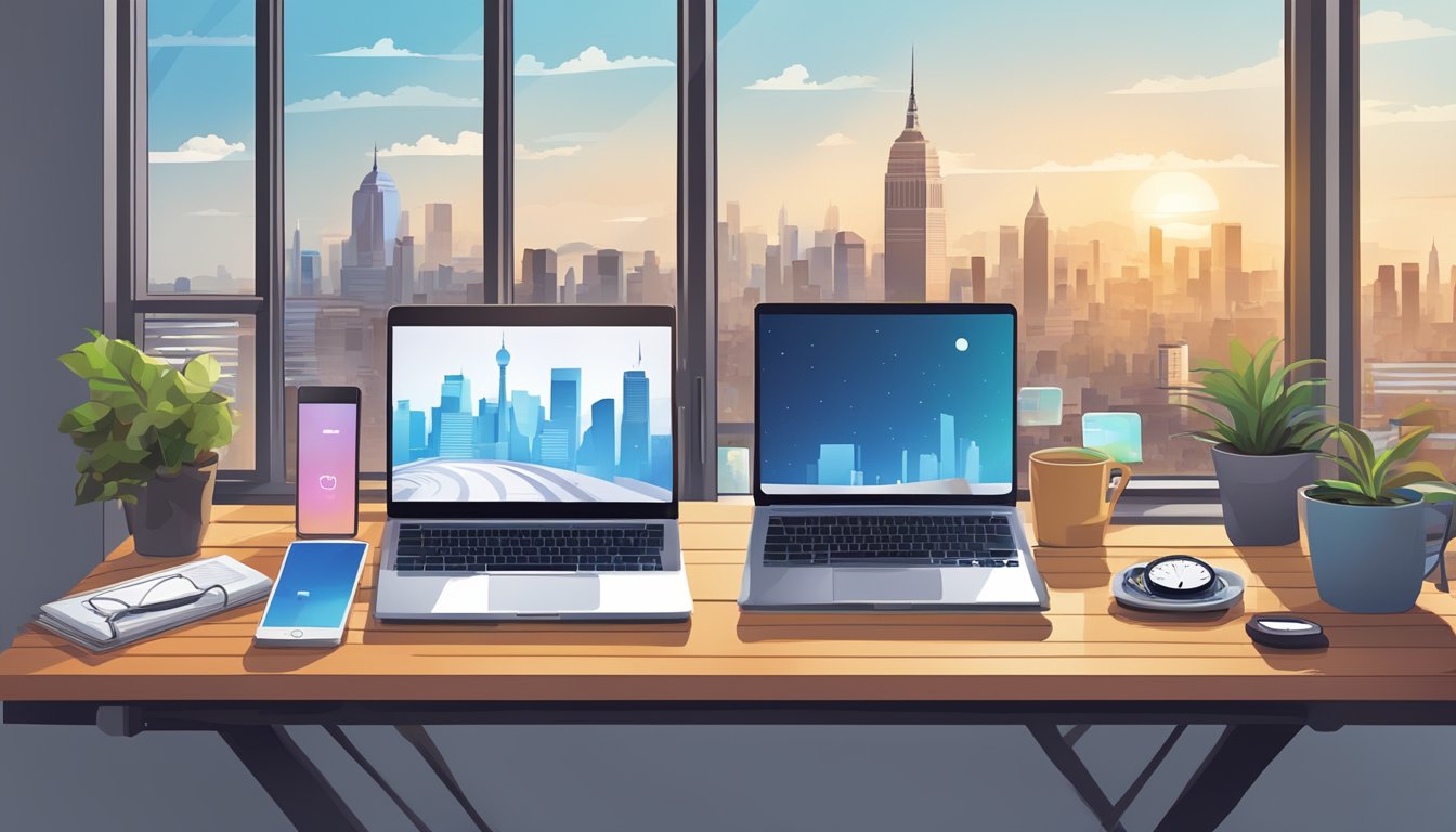 A digital nomad's workspace with a laptop, phone, and travel essentials set against a backdrop of city skylines and different time zone clocks