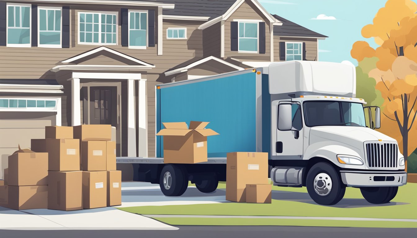 A moving truck parked outside a suburban home, with boxes being loaded onto a ramp by movers. A checklist of moving tips and a calculator lay on a nearby table