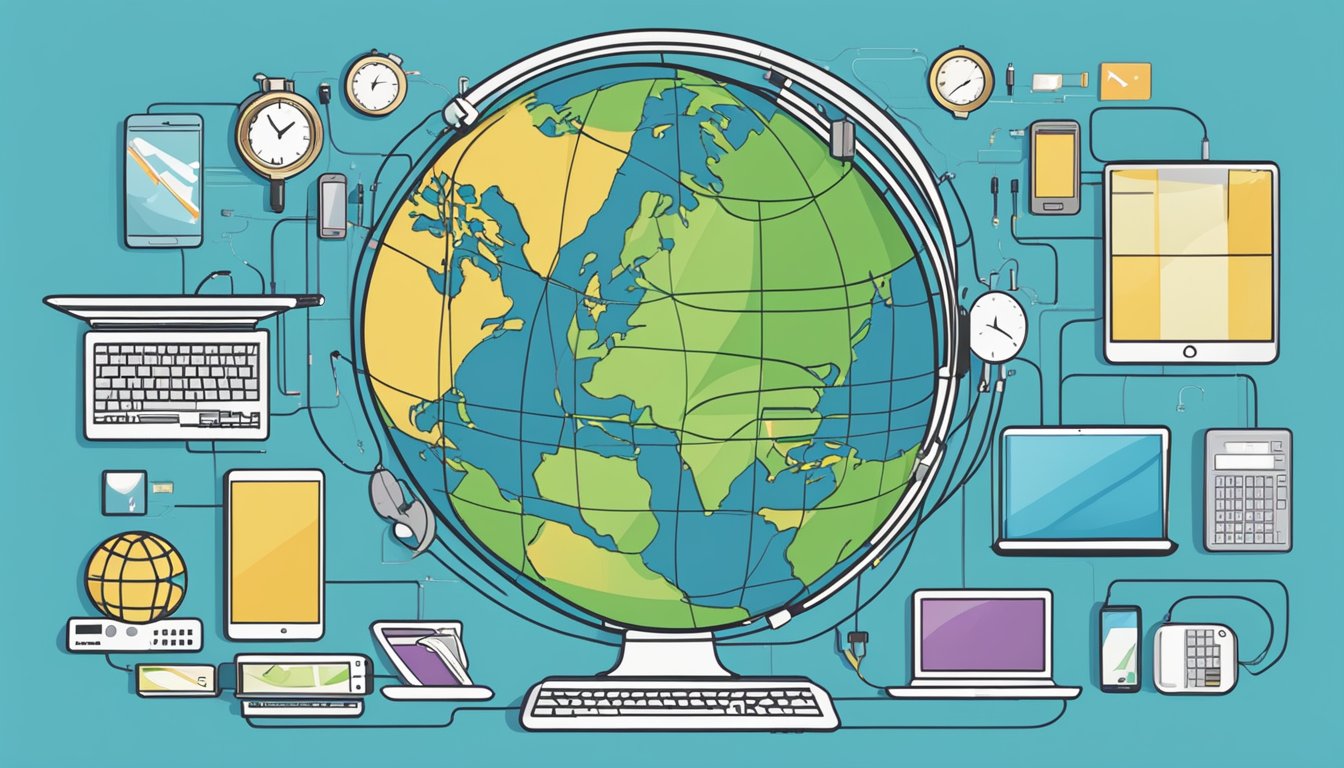 A globe surrounded by various electronic devices, such as laptops, smartphones, and tablets, displaying different time zones