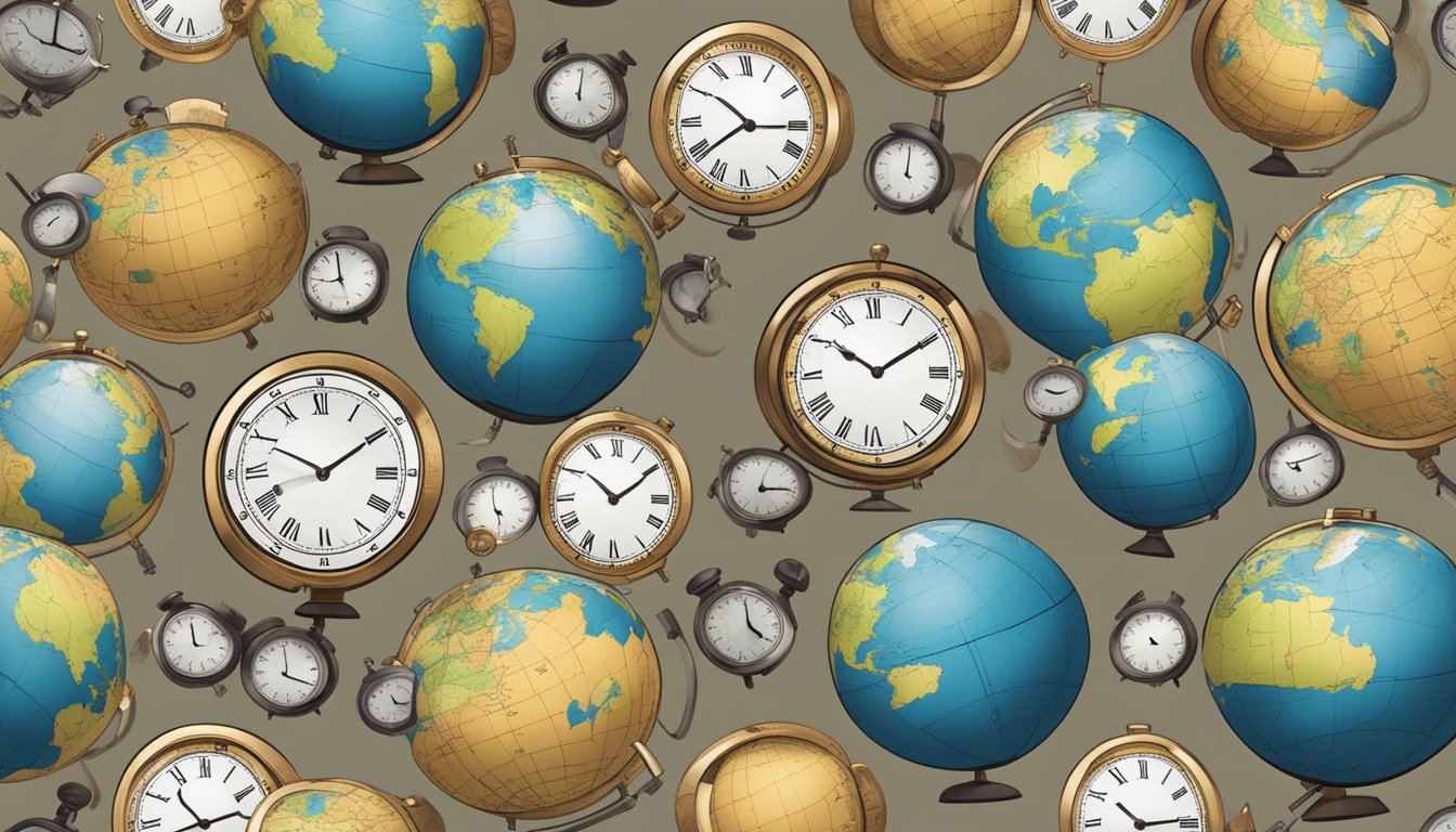 A globe with multiple time zones highlighted, surrounded by a variety of clocks showing different times