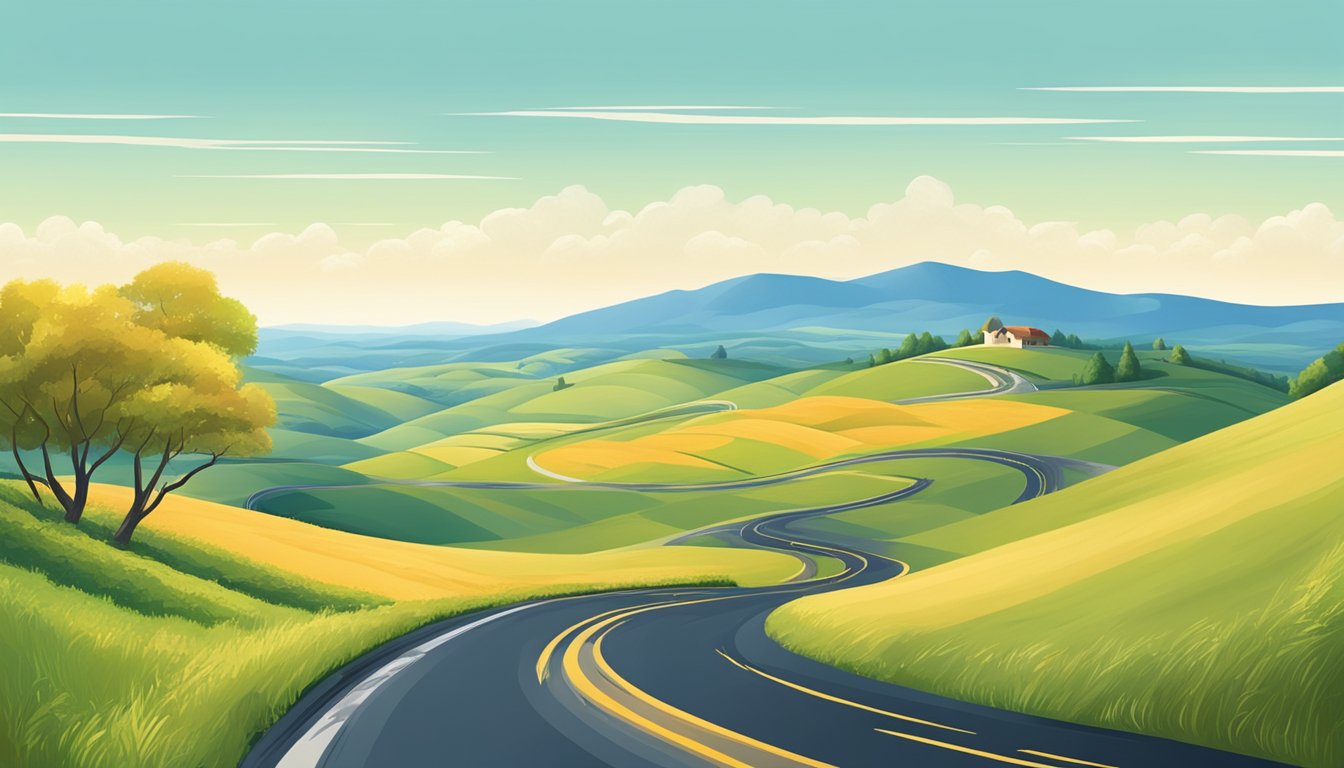 A serene landscape with a winding road leading to a peaceful countryside, surrounded by rolling hills and a clear blue sky