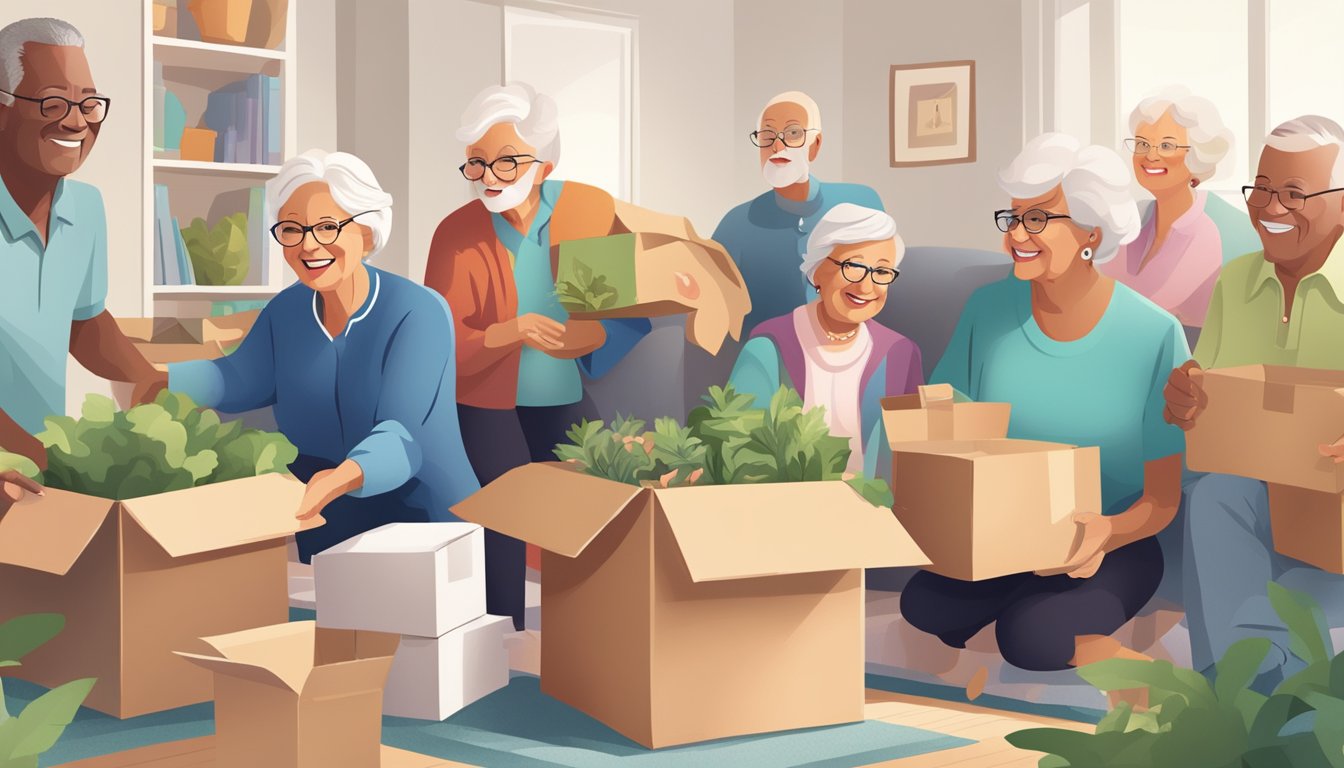 A group of older adults unpacking boxes and settling into a vibrant, age-specific community in a new state, with amenities tailored to retirement plans