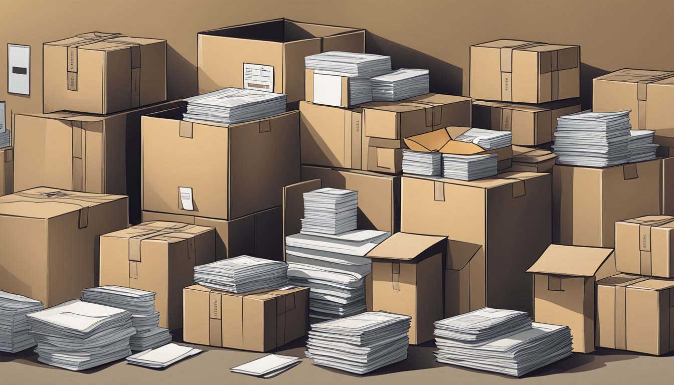 A person's belongings being packed into moving boxes, with a stack of subscription and membership cards being sorted and organized