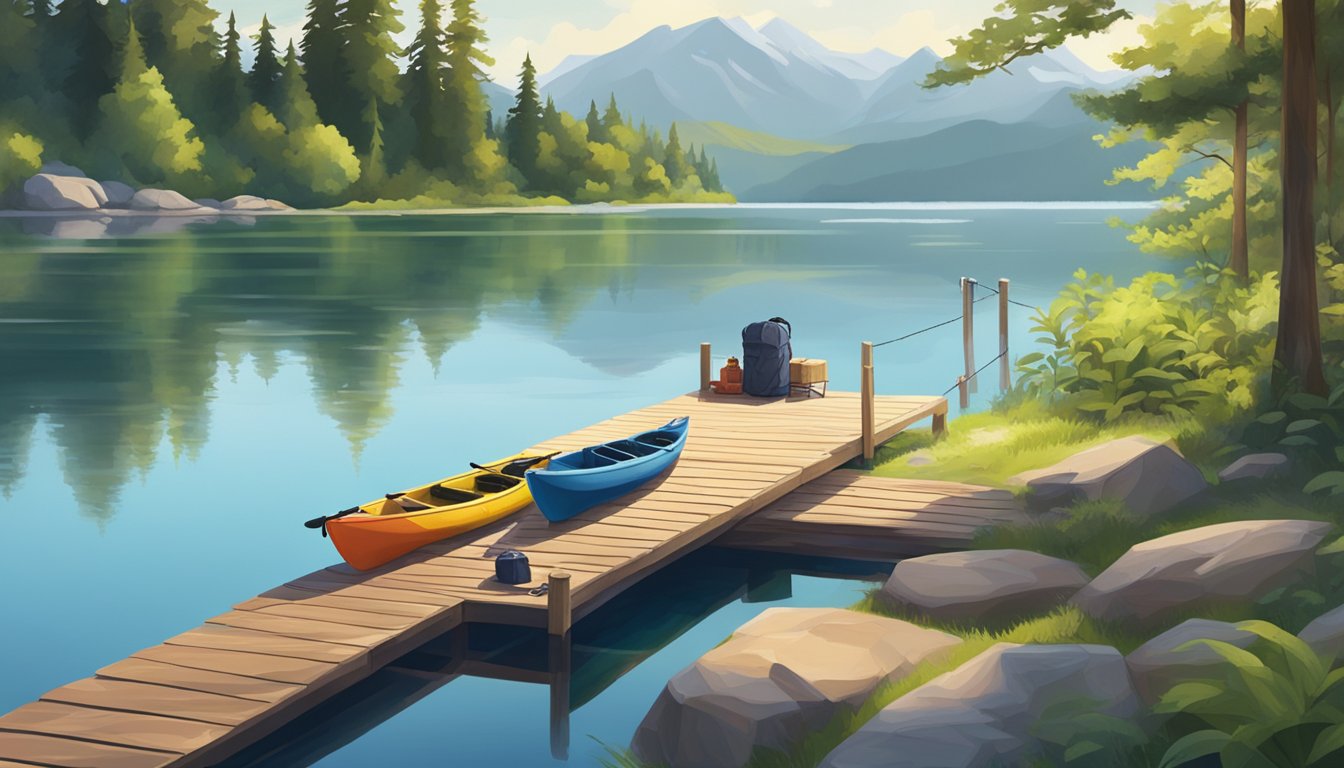 A serene lakeside with a dock, surrounded by lush greenery and distant mountains, with a couple of kayaks and fishing gear laying nearby