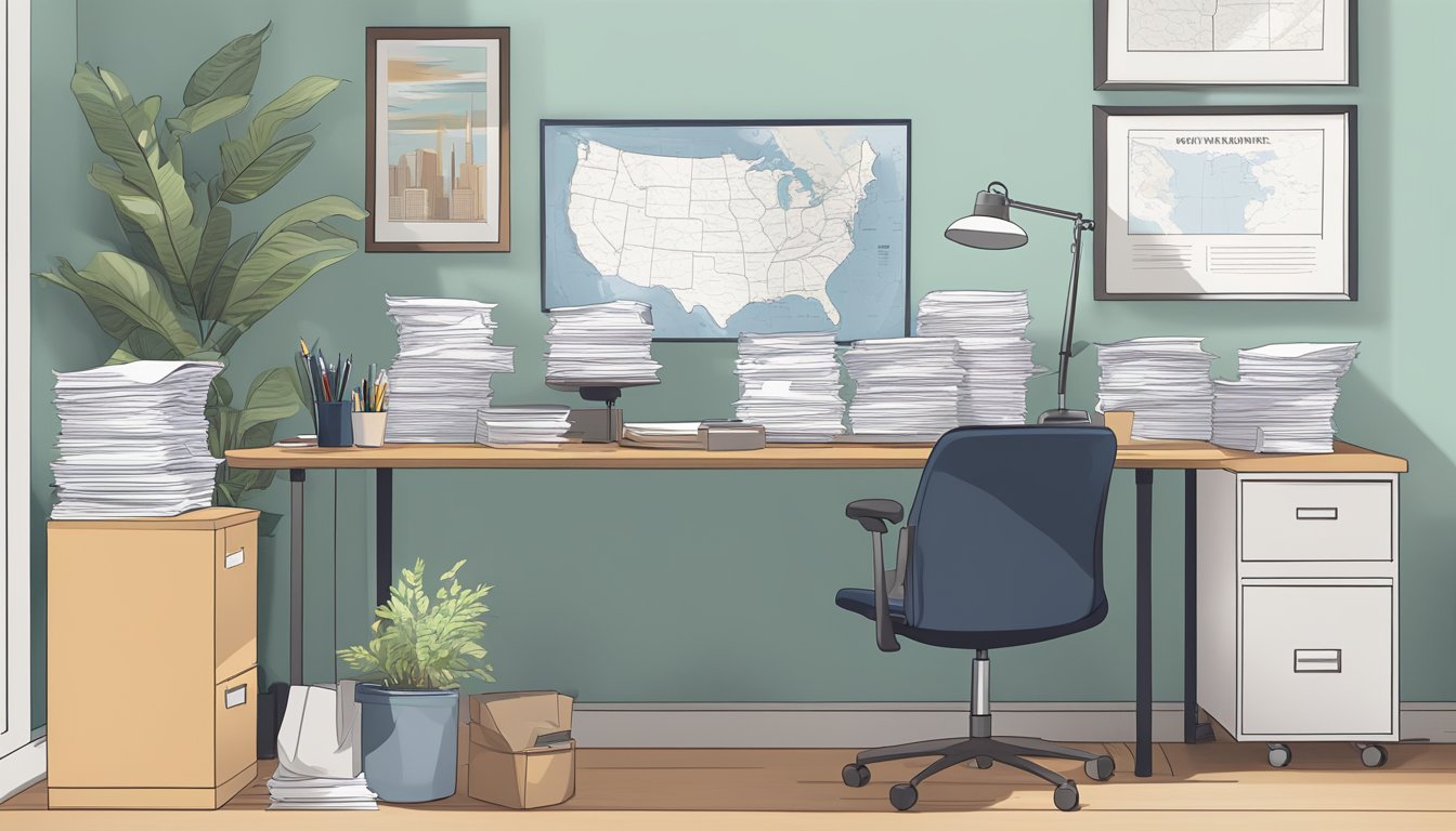 A person packing boxes and organizing paperwork in a home office, with a map of the United States on the wall. A stack of official documents and a folder of subscription information are visible on the desk