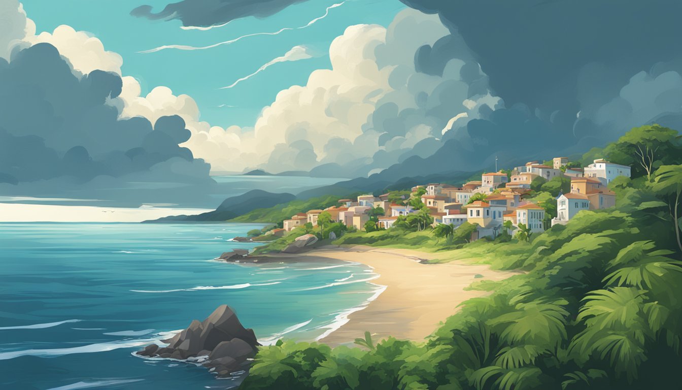 A serene coastal town with clear blue skies and lush greenery, contrasted with a looming storm on the horizon