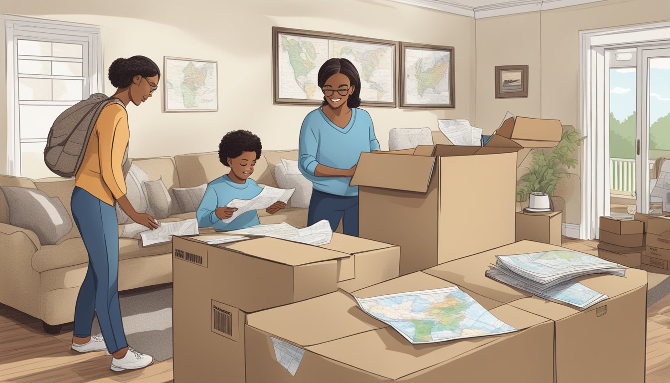 A family packing up their belongings into moving boxes, with a map of the United States and a retirement savings account statement on the table