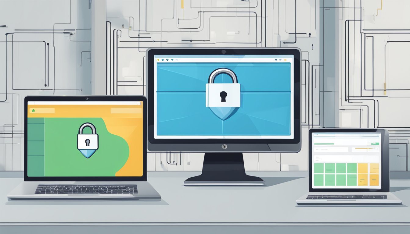 A computer screen displaying a secure data transfer between two locations, with a lock icon symbolizing privacy