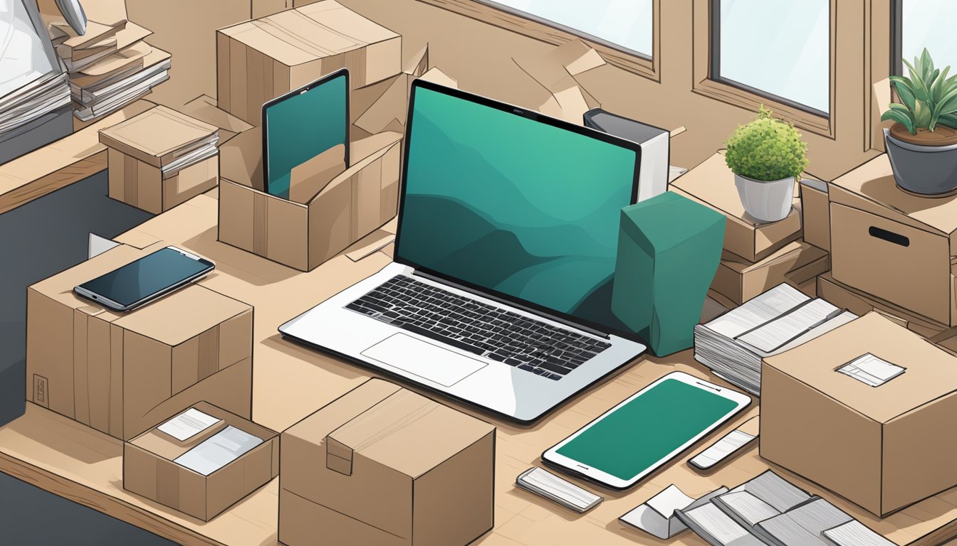 A laptop, phone, and tablet sit on a cluttered desk, surrounded by boxes and packing materials. A moving truck is visible through the window