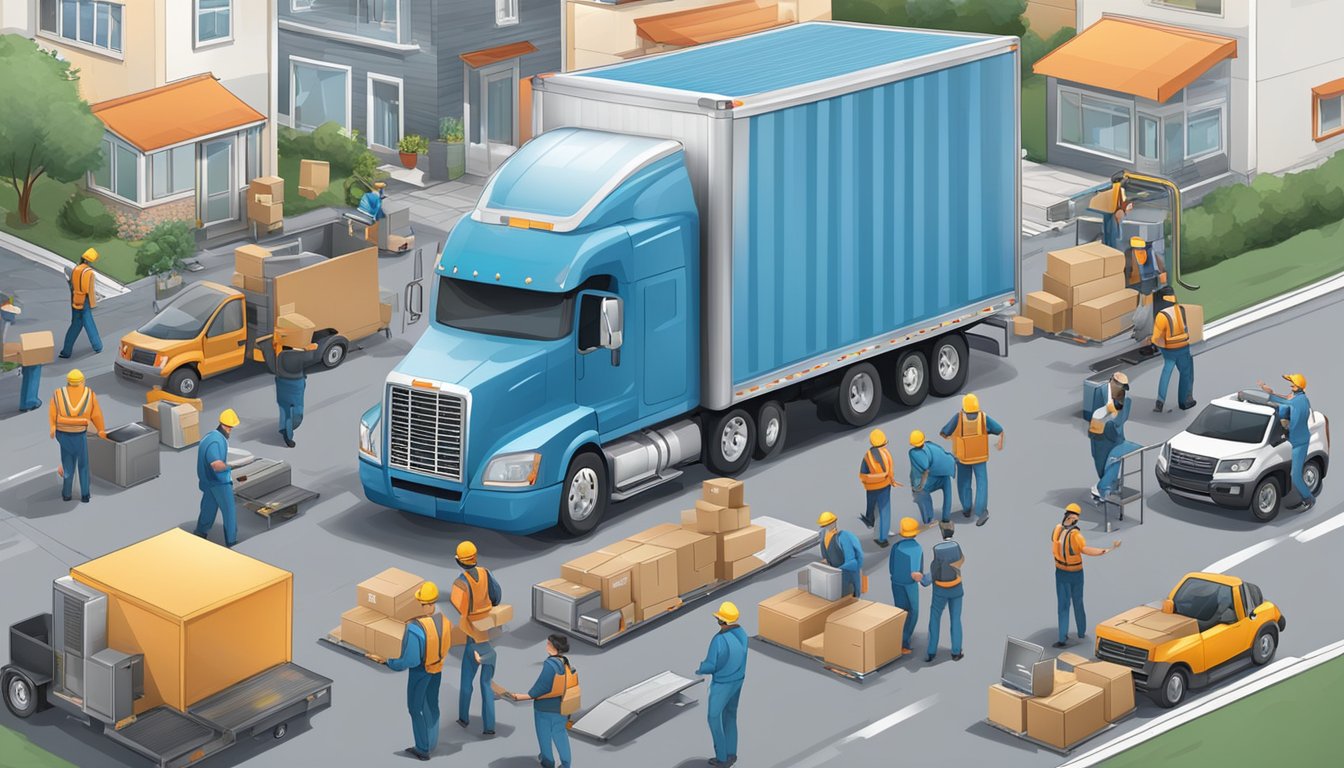 A moving truck loaded with high-tech equipment and furniture, surrounded by a team of workers using advanced tools and technology to streamline the interstate relocation process