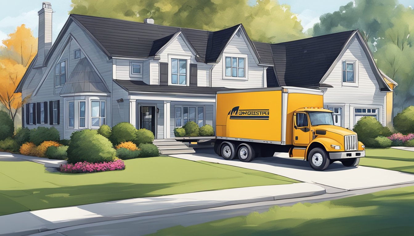 A moving truck parked outside a suburban home, with boxes and furniture being loaded onto the truck by movers