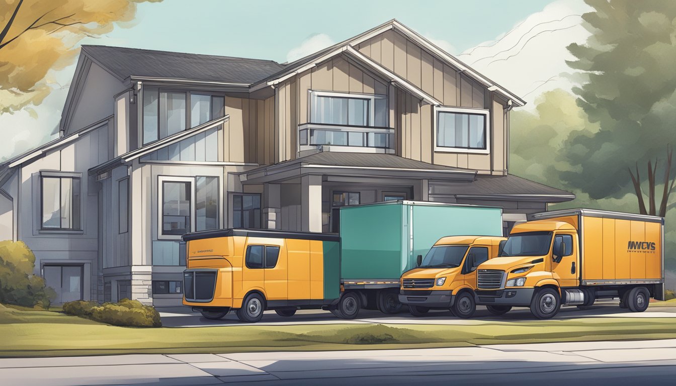 A moving truck parked in front of a modern house, with movers using technology to document and digitize inventory and paperwork