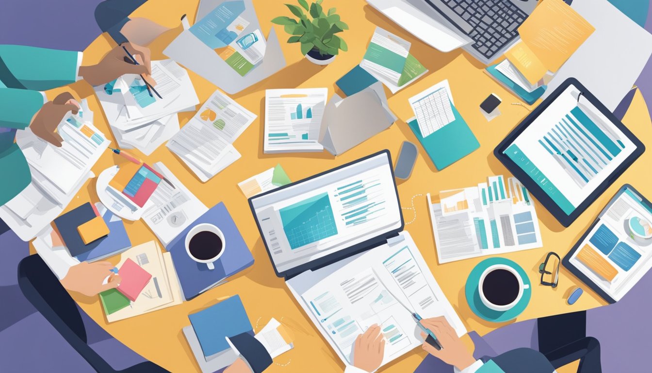 A person sitting at a desk surrounded by paperwork, a laptop, and various healthcare plan brochures. They are comparing different coverage options and taking notes