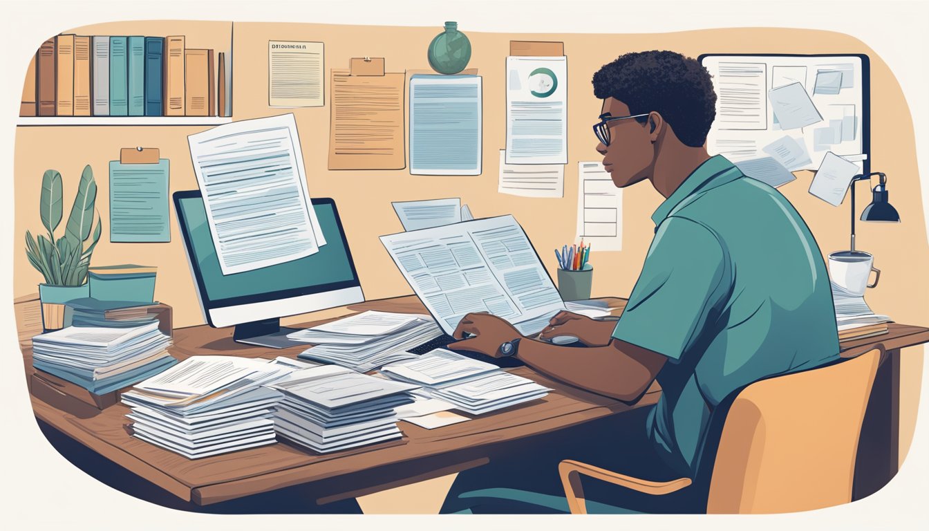 A person sitting at a desk surrounded by paperwork, a laptop, and various brochures and pamphlets about healthcare options in their new state