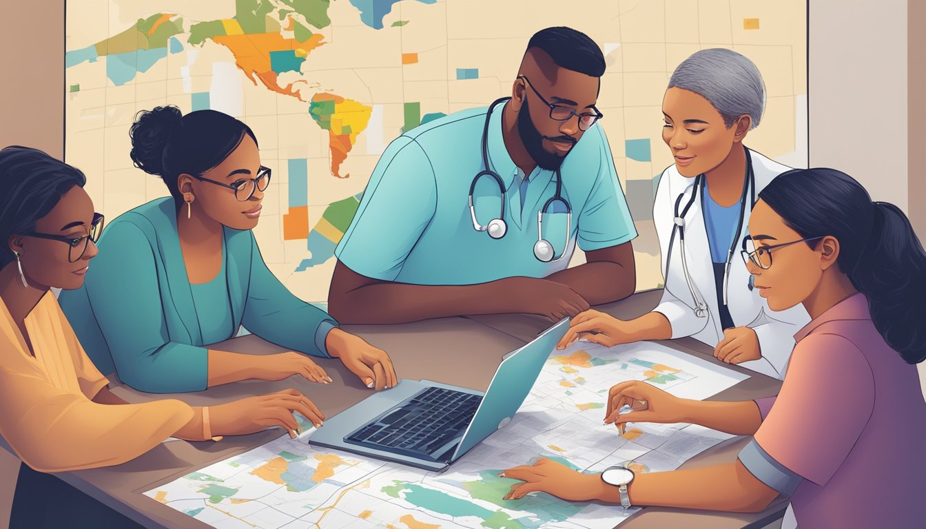 A diverse group of people with different abilities and cultural backgrounds are gathered around a table, engaged in conversation while looking at various healthcare options on a map and computer