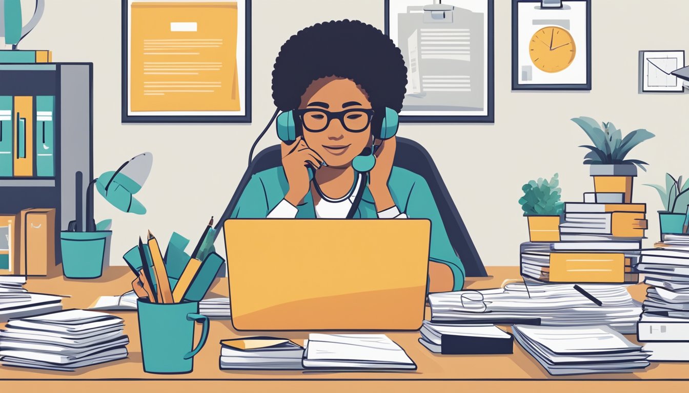 A person sitting at a desk with a laptop, surrounded by papers and folders. They are speaking to a healthcare advisor on the phone, looking engaged and taking notes