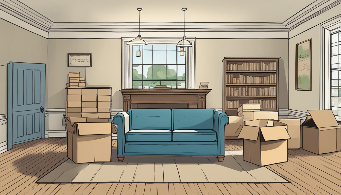 Boxes labeled with room names stacked in an empty living room. A map of the United States on the wall with a dotted line from the old home to the new one