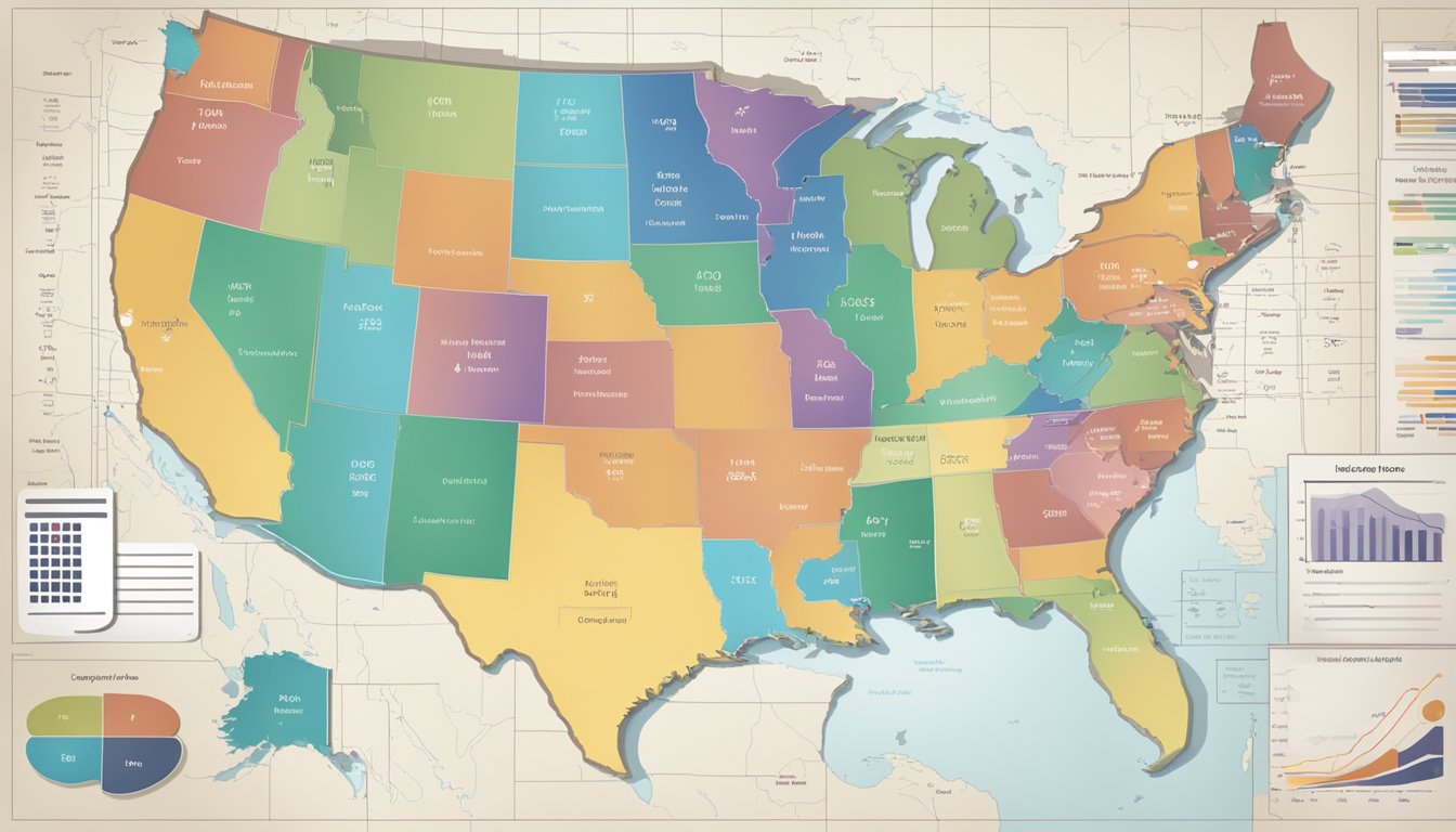 A map of the United States with various housing cost data points and graphs displayed on a computer screen, surrounded by research materials and a calculator