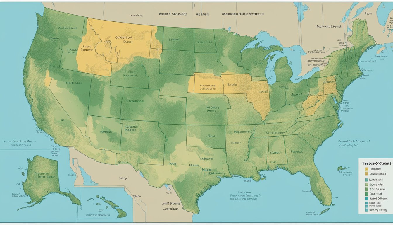 A map of the United States with various environmental elements such as trees, mountains, and bodies of water. A chart comparing cost of living data displayed next to it