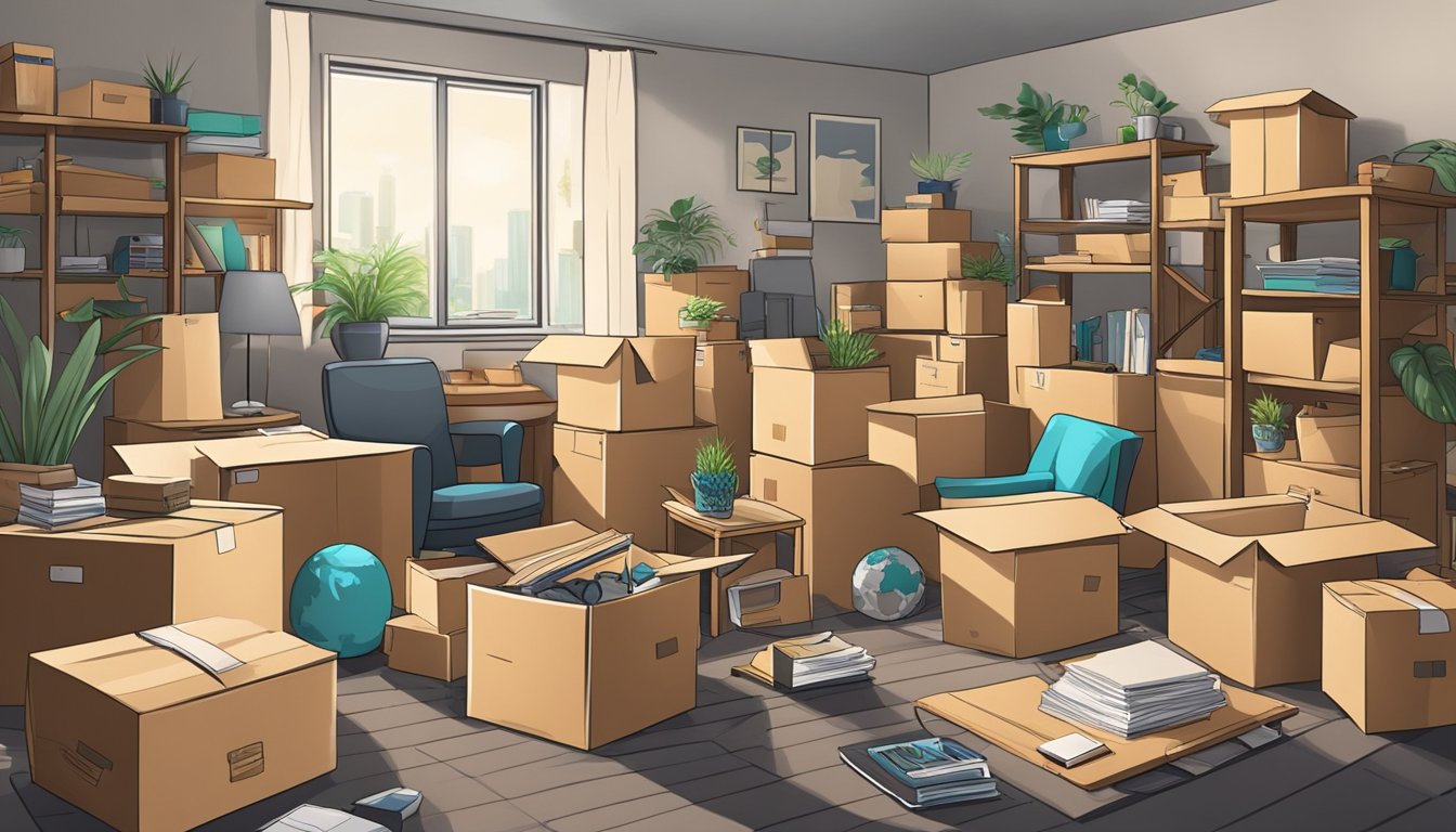 A cluttered room with boxes and furniture being sorted and organized for a long-distance move