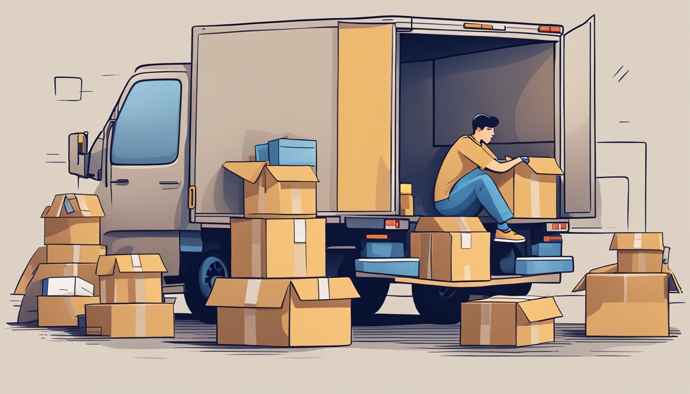 A person packing boxes and loading them into a moving truck, with a worried expression while looking at their credit score on a laptop