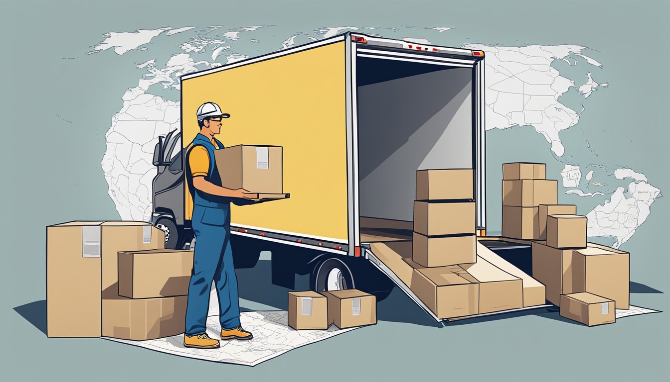 A person packing boxes and loading them into a moving truck, with a map of the United States in the background showing a route from one state to another