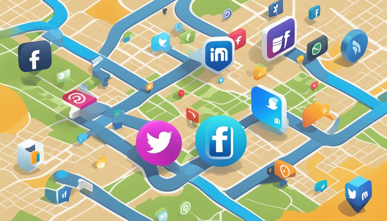 A map with moving boxes marked in different colors, surrounded by icons of social media platforms like Facebook, Twitter, and Instagram