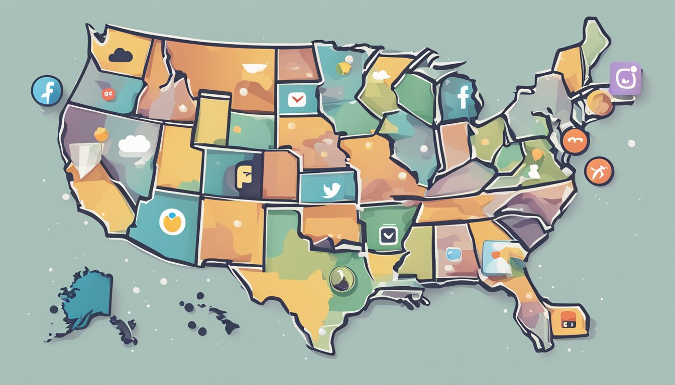 A map of the United States with dotted lines connecting different states, alongside icons representing social media platforms like Facebook, Twitter, and Instagram