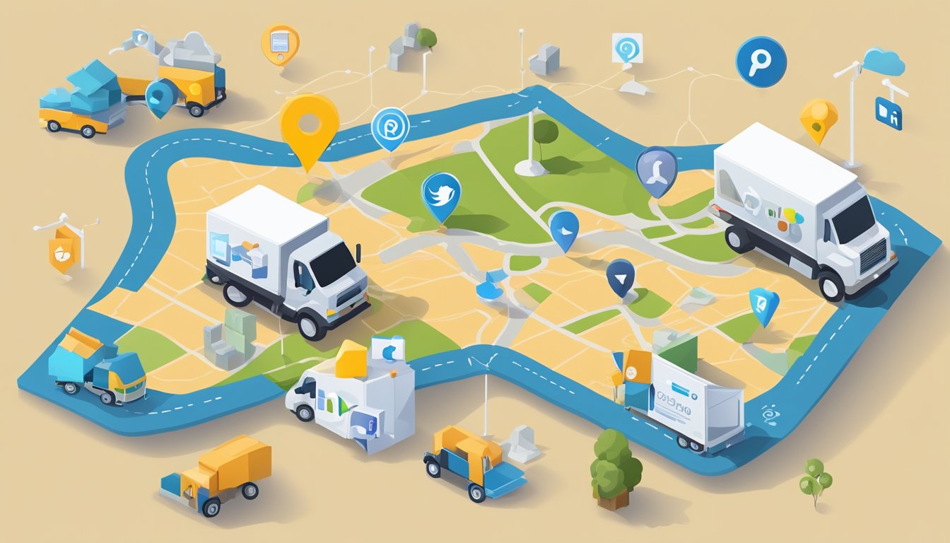 A map with social media icons representing different platforms, alongside moving boxes and a moving truck, symbolizing the use of social media in planning and executing an out-of-state move