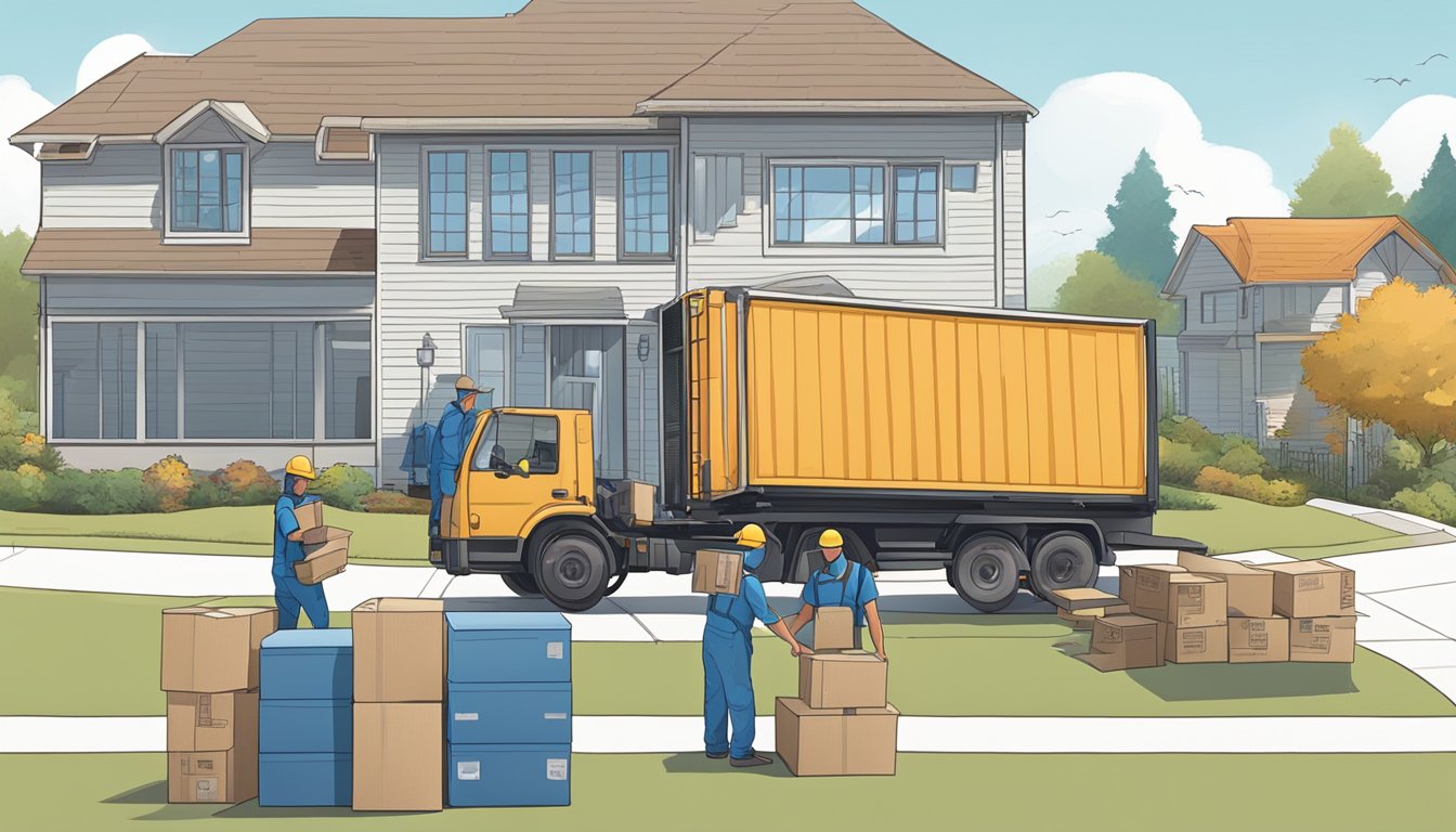 A moving truck parked outside a house, with workers loading boxes onto a ramp. An open notebook with a detailed inventory sits on a nearby table