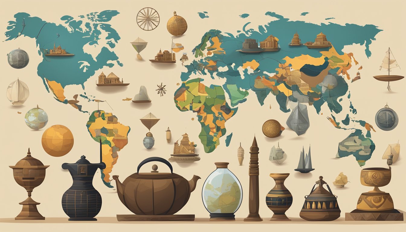 A group of diverse symbols and artifacts from various cultures arranged on a table, with a world map in the background