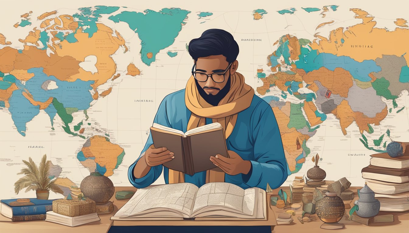 A person studying maps, books, and cultural artifacts from different regions, surrounded by diverse language and cultural symbols