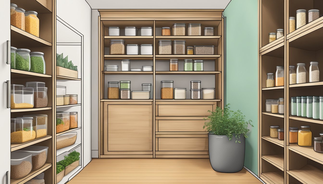 A clutter-free pantry with reusable glass containers, bamboo shelving, and a compost bin for sustainable storage practices